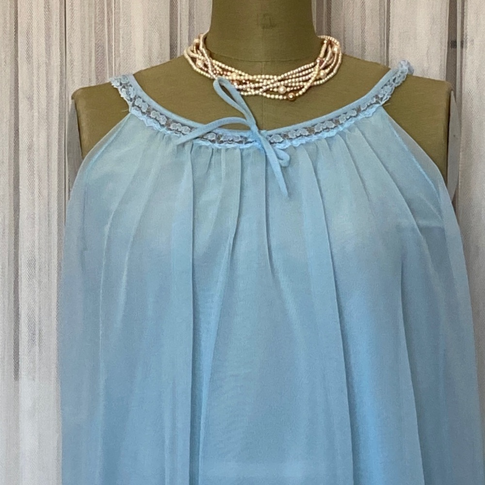 Vintage 60’s Nylon Light Blue Chiffon Maxi Nightgown Ruffle Lace Size S - Picture 4 of 11